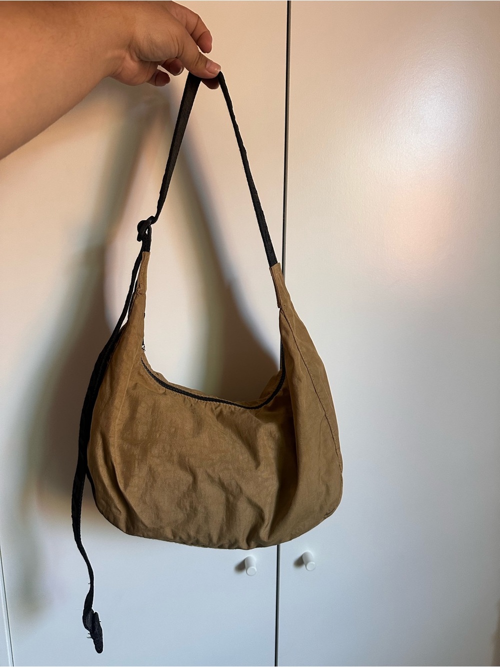 BAGGU Khaki Brown Canvas Crossbody Bag with Black Strap
